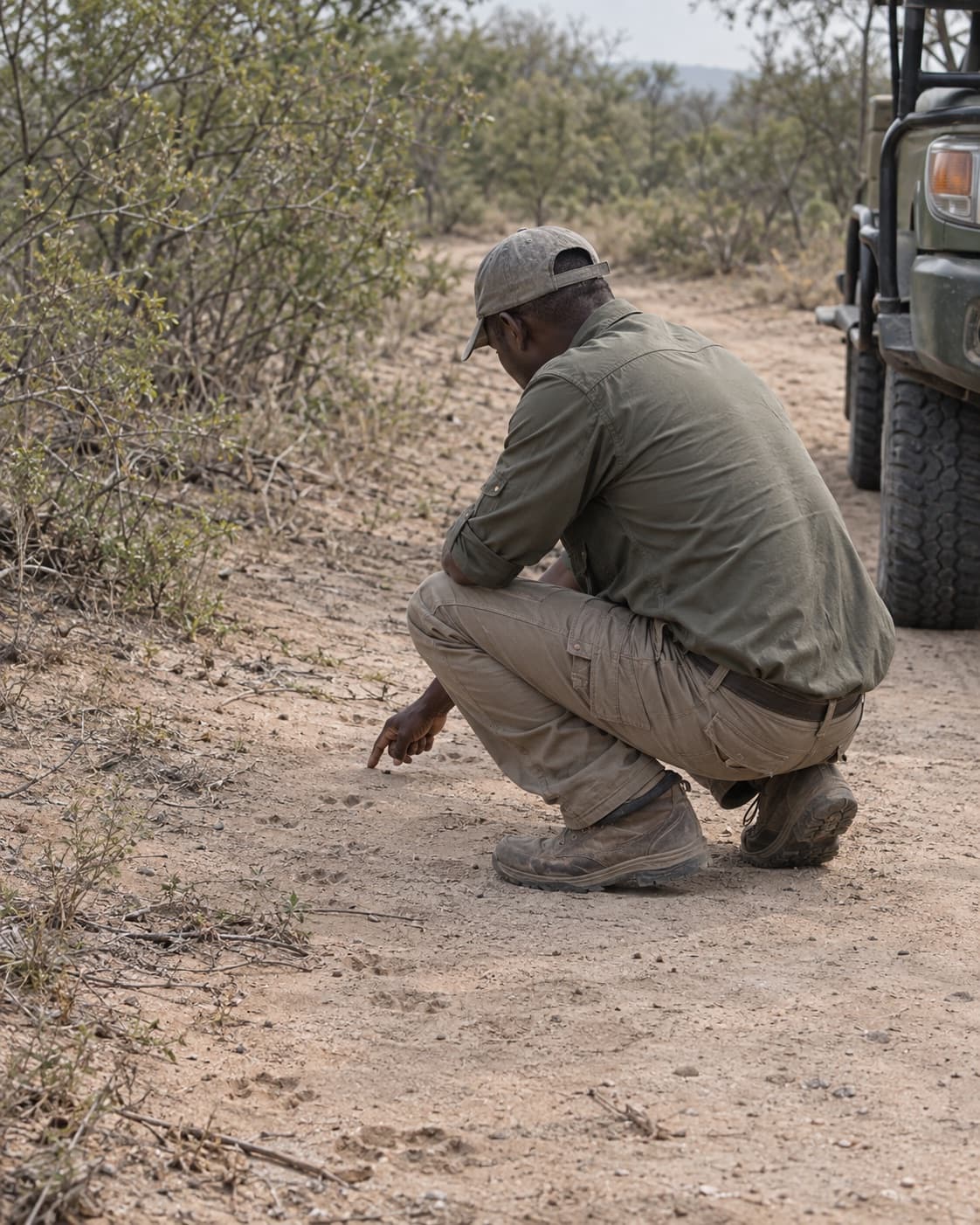 A tracker crouched beside the vehicle, pointing out prints in the sand