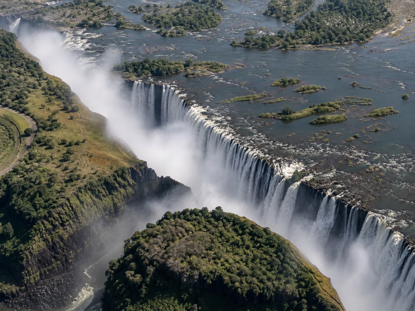 Aerial view of Victoria Falls in full flood on the Zambezi