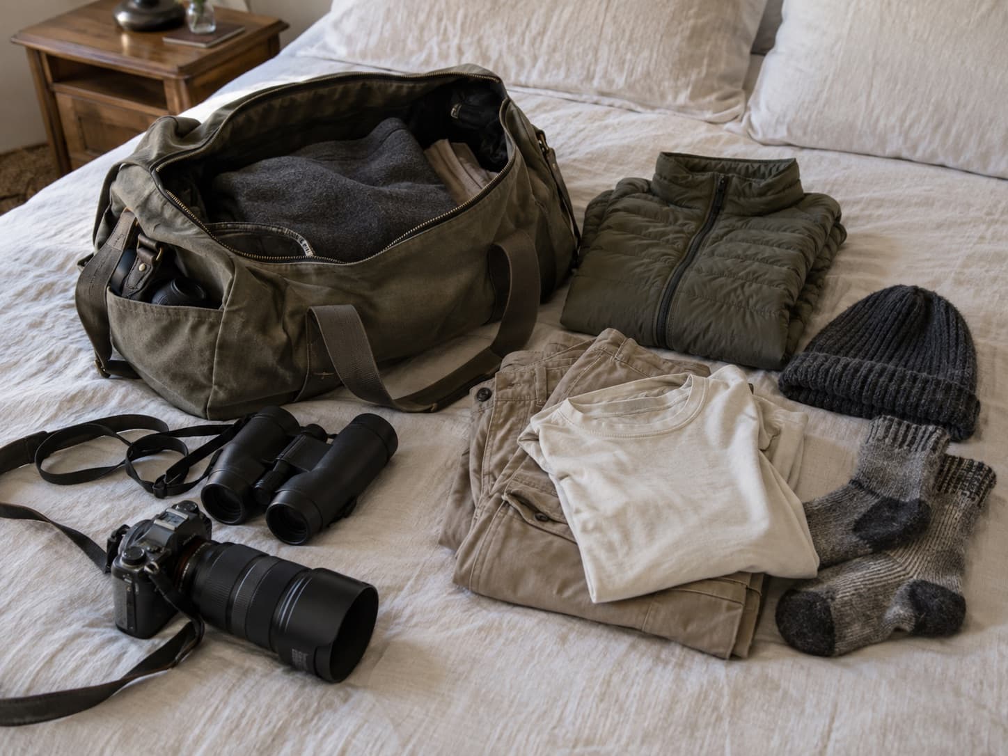 A soft duffel bag, warm layers, binoculars and a camera laid out on a bed
